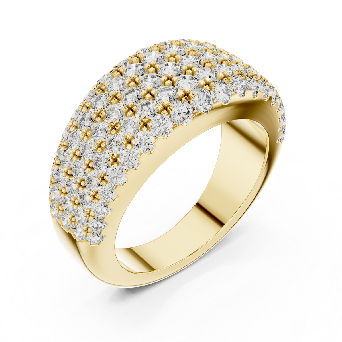 Yellow gold round pave dome lab grown diamond anniversary band, side view