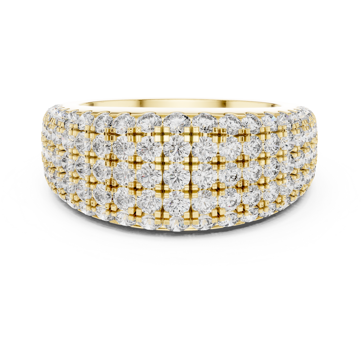 Yellow gold round pave dome lab grown diamond anniversary band, angled view