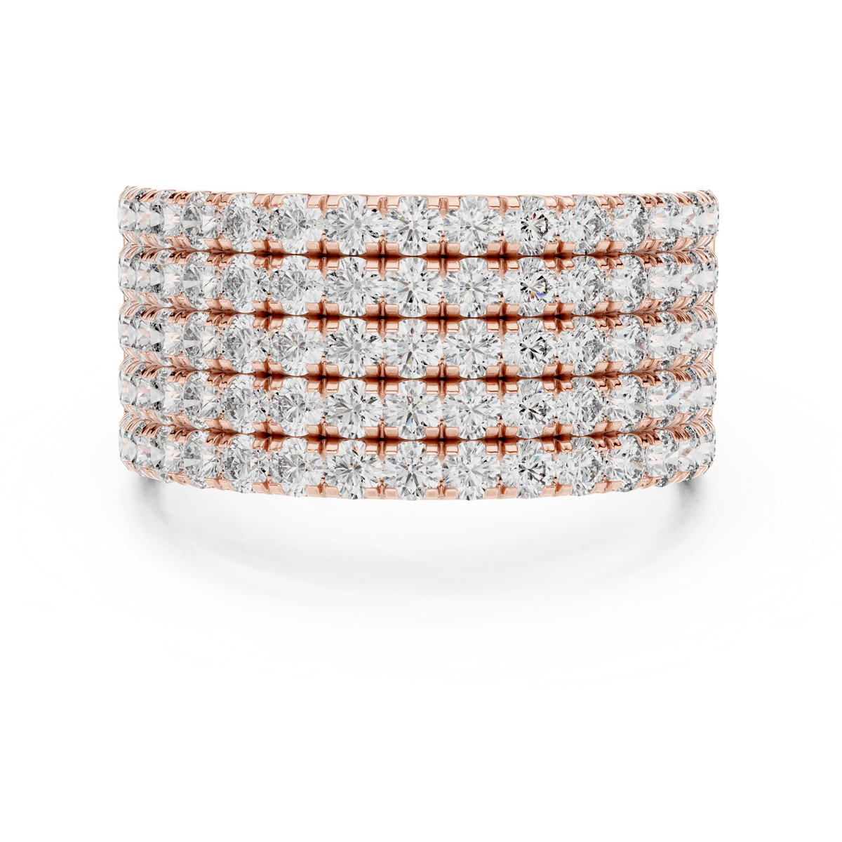 Rose gold round five-row pave lab grown diamond anniversary band, angled view