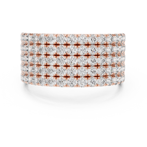 Rose gold round five-row pave lab grown diamond anniversary band, angled view