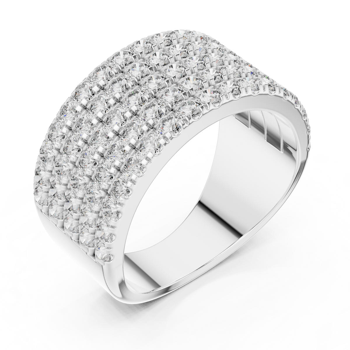 White gold round five-row pave lab grown diamond anniversary band, side view