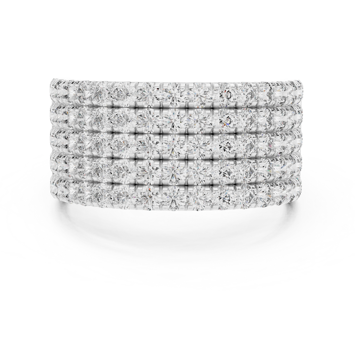 White gold round five-row pave lab grown diamond anniversary band, angled view