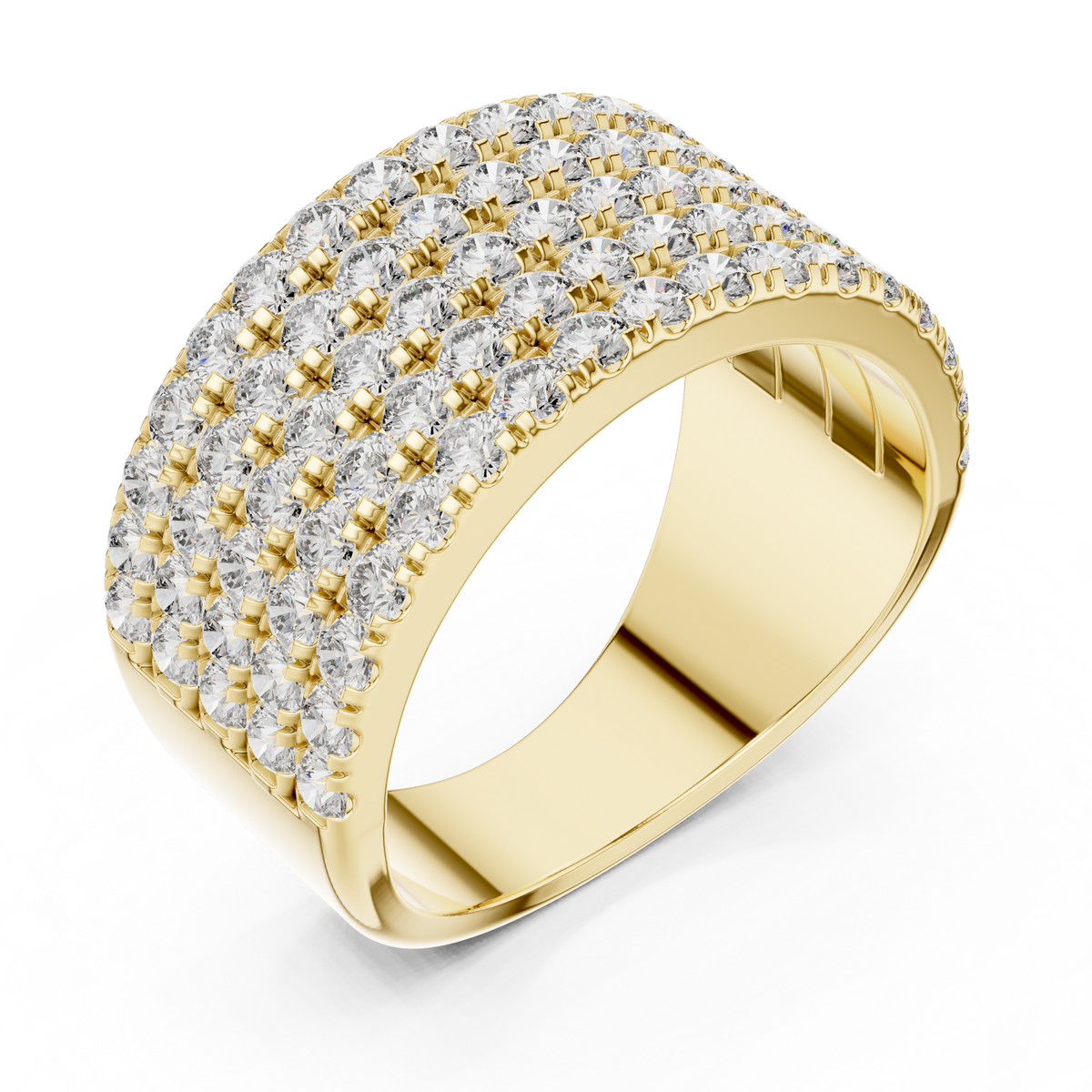 Yellow gold round five-row pave lab grown diamond anniversary band, side view