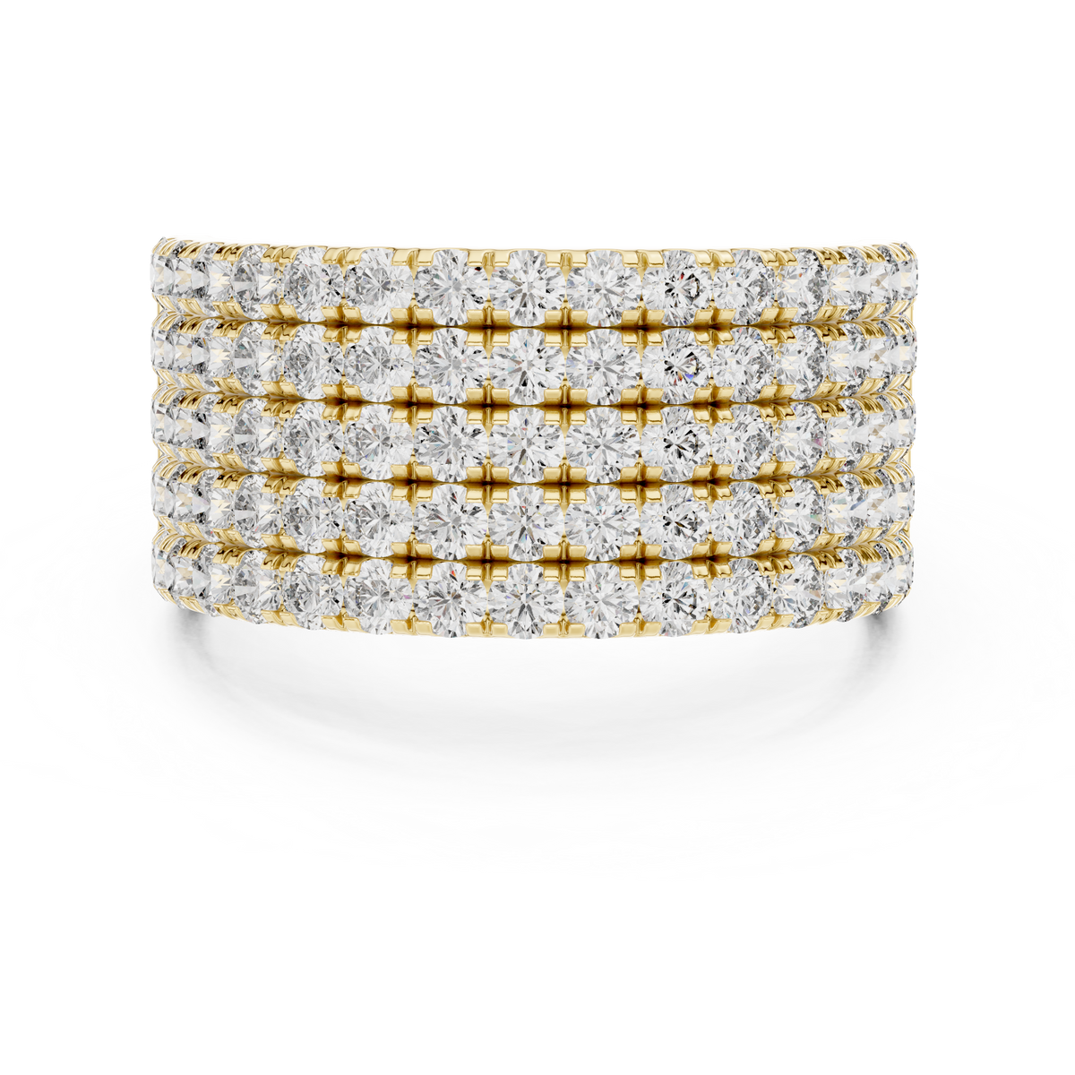 Yellow gold round five-row pave lab grown diamond anniversary band, angled view