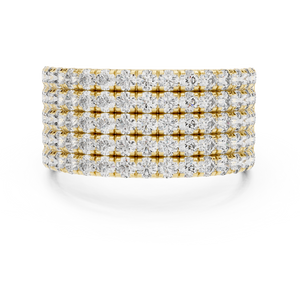 Yellow gold round five-row pave lab grown diamond anniversary band, angled view