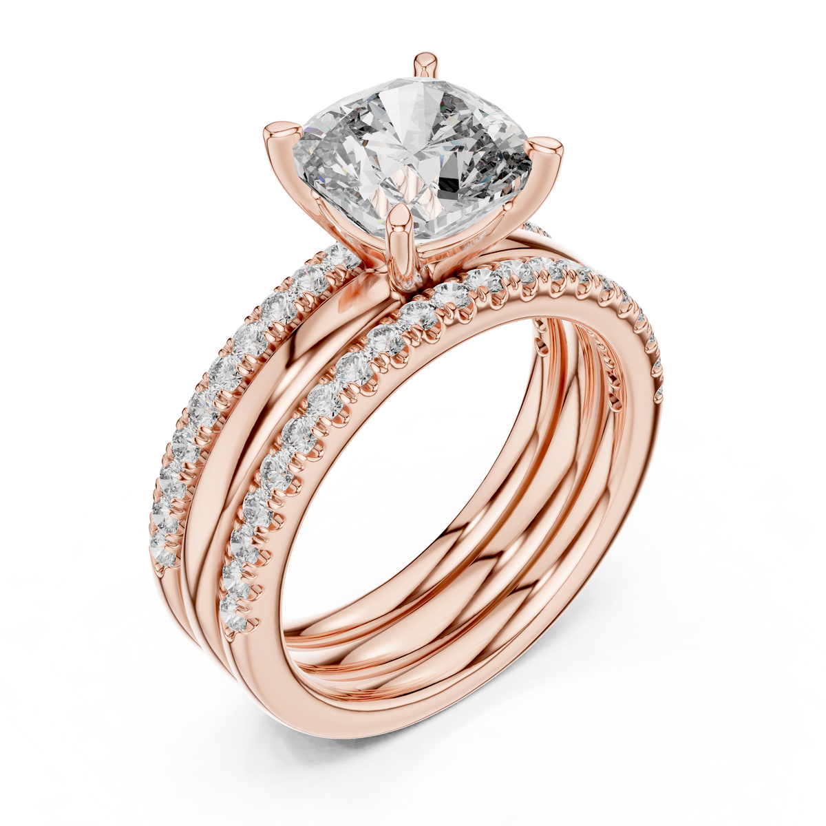 Rose gold cushion cut lab grown diamond bridal set, side view
