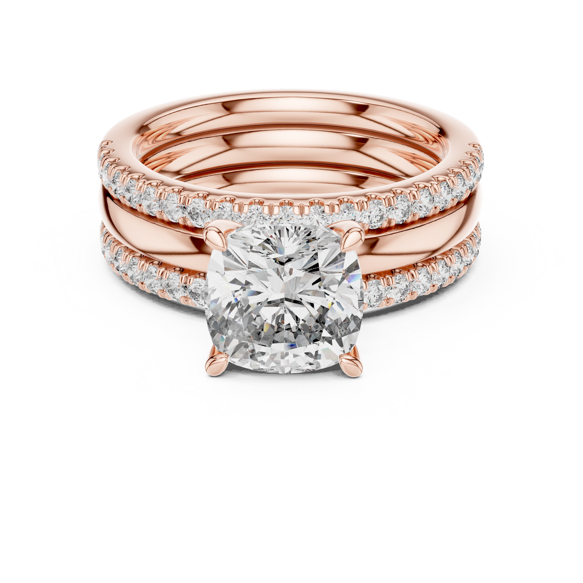 Rose gold cushion cut lab grown diamond bridal set, angled view