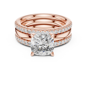 Rose gold cushion cut lab grown diamond bridal set, angled view
