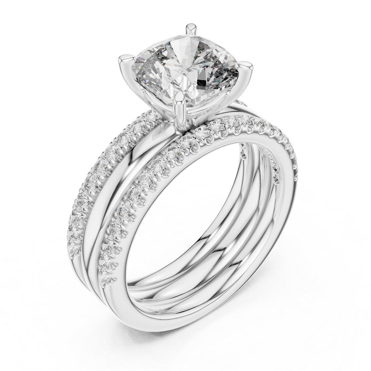 White gold cushion cut lab grown diamond bridal set, side view