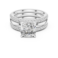White gold cushion cut lab grown diamond bridal set, angled view