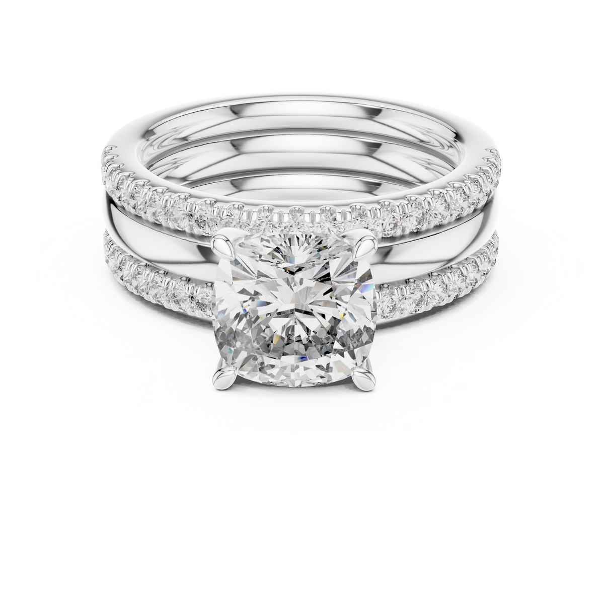 White gold cushion cut lab grown diamond bridal set, angled view