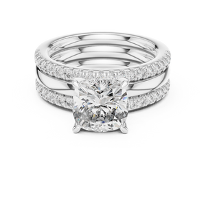 White gold cushion cut lab grown diamond bridal set, angled view