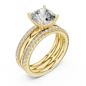 Yellow gold cushion cut lab grown diamond bridal set, side view