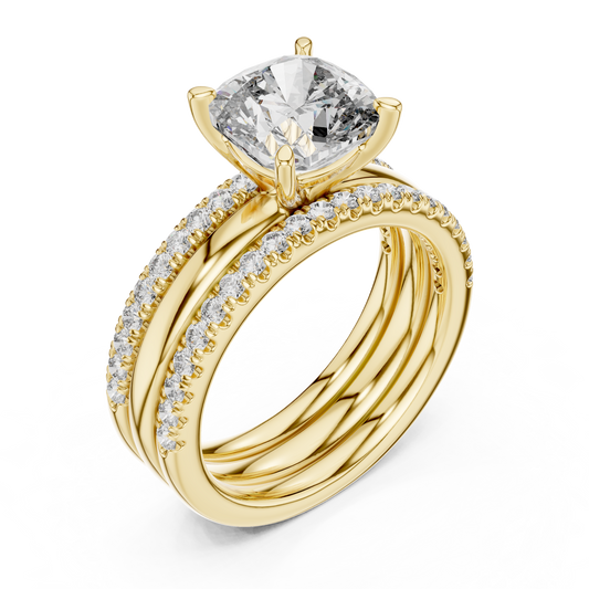Yellow gold cushion cut lab grown diamond bridal set, side view