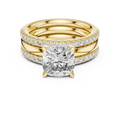 Yellow gold cushion cut lab grown diamond bridal set, angled view