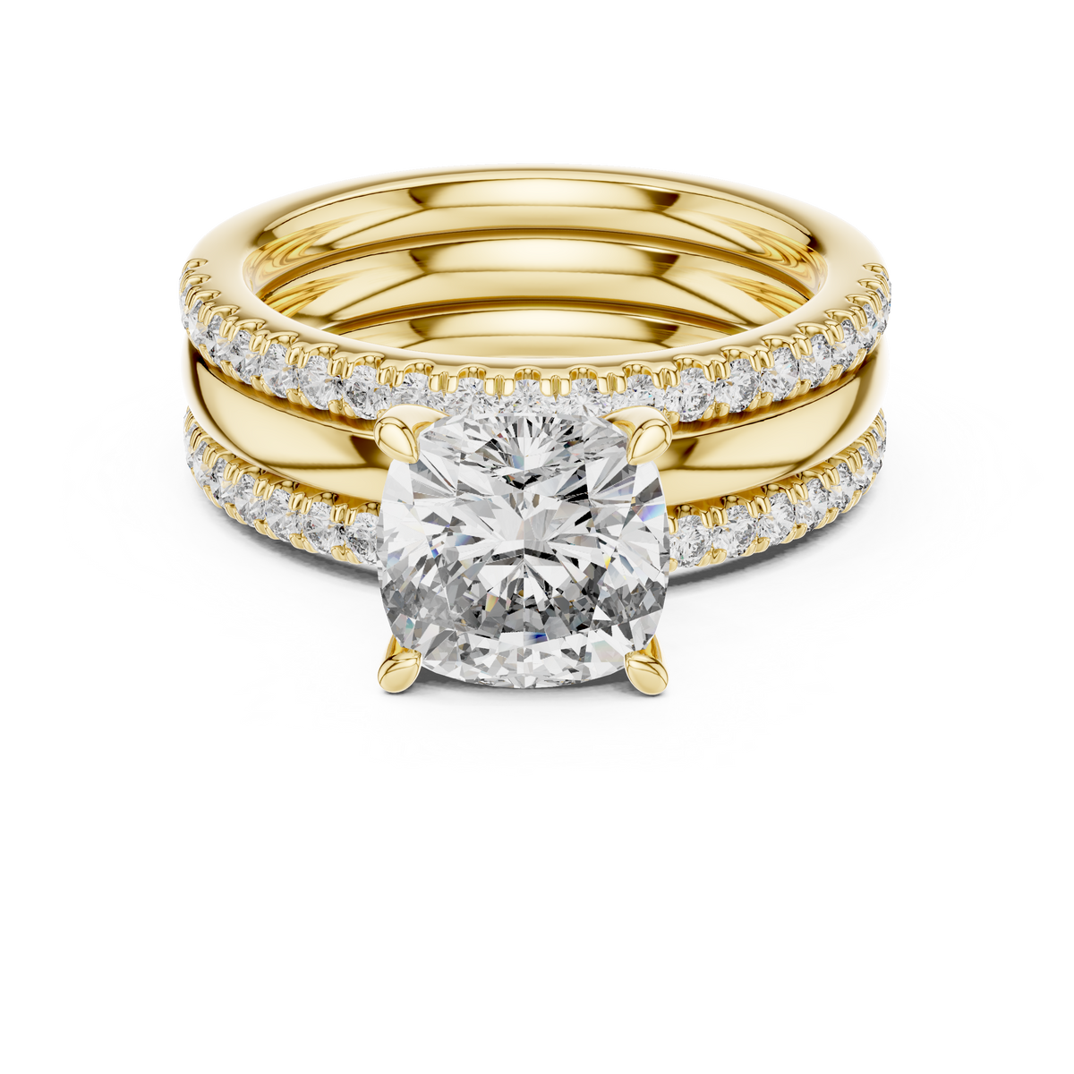 Yellow gold cushion cut lab grown diamond bridal set, angled view