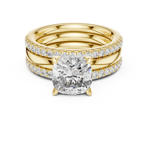 Yellow gold cushion cut lab grown diamond bridal set, angled view