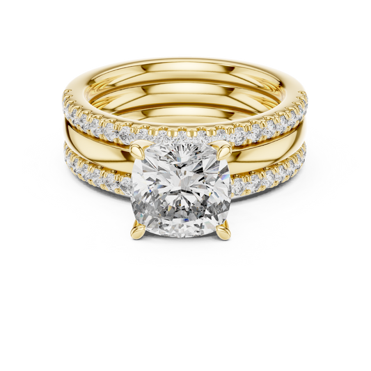 Yellow gold cushion cut lab grown diamond bridal set, angled view