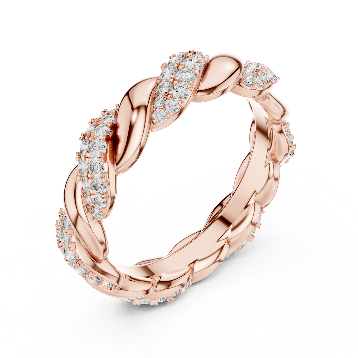 Rose gold round twist lab grown diamond eternity band, side view