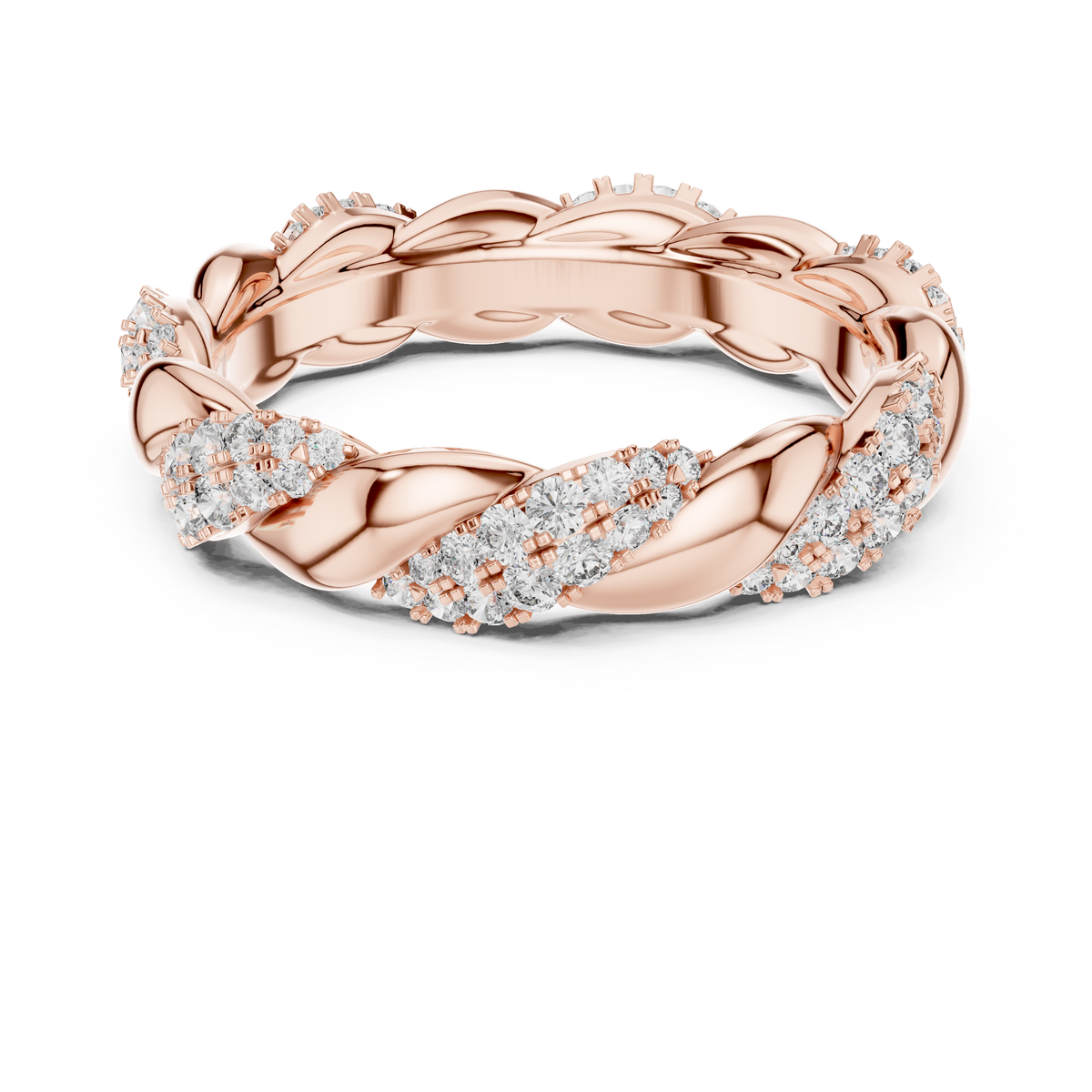 Rose gold round twist lab grown diamond eternity band, angled view