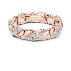 Rose gold round twist lab grown diamond eternity band, angled view