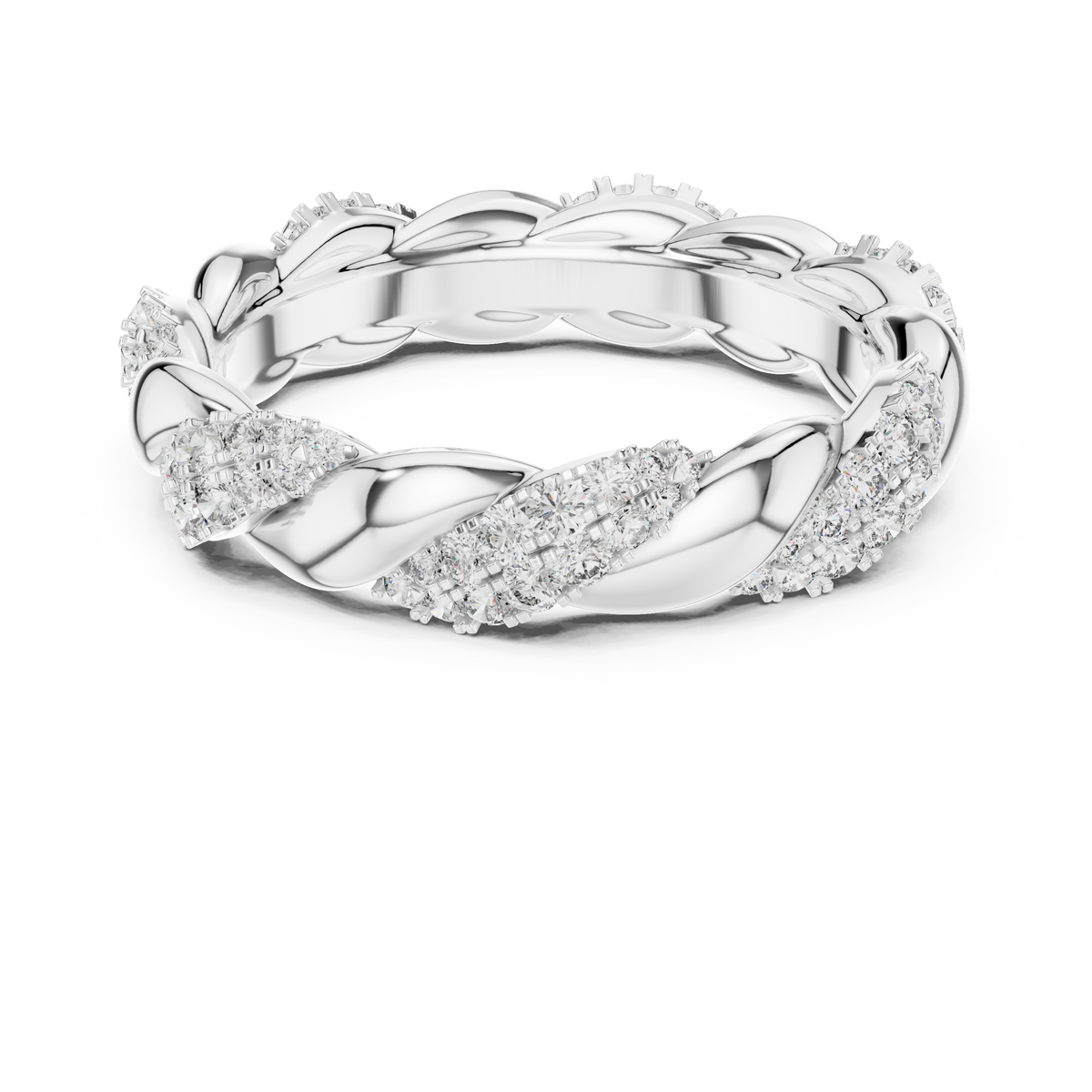 White gold round twist lab grown diamond eternity band, angled view