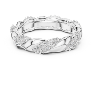 White gold round twist lab grown diamond eternity band, angled view