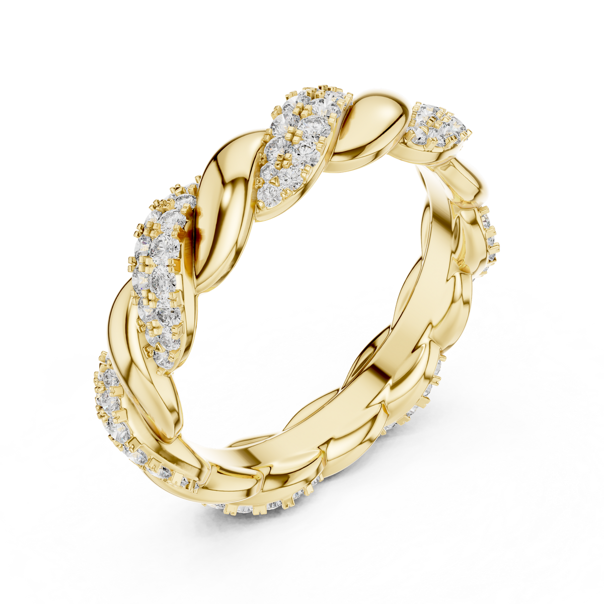 Yellow gold round twist lab grown diamond eternity band, side view