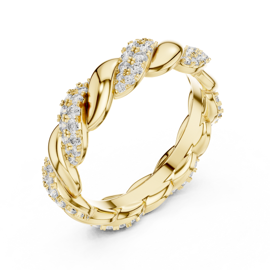 Yellow gold round twist lab grown diamond eternity band, side view
