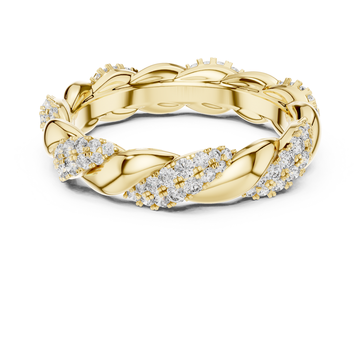 Yellow gold round twist lab grown diamond eternity band, angled view