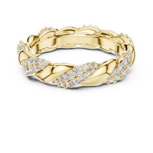 Yellow gold round twist lab grown diamond eternity band, angled view