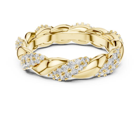 Yellow gold round twist lab grown diamond eternity band, angled view