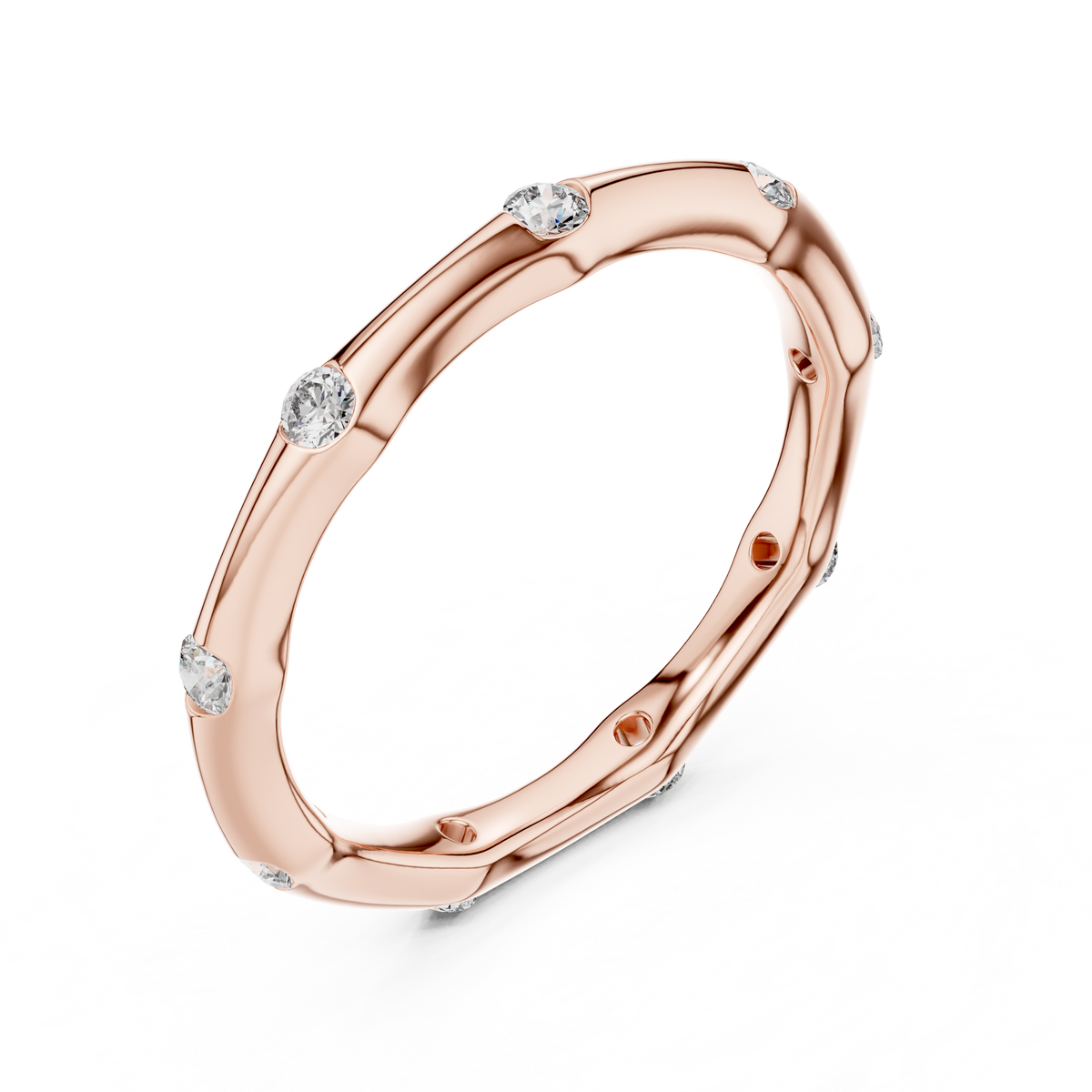 Rose gold round station lab grown diamond wedding band, side view