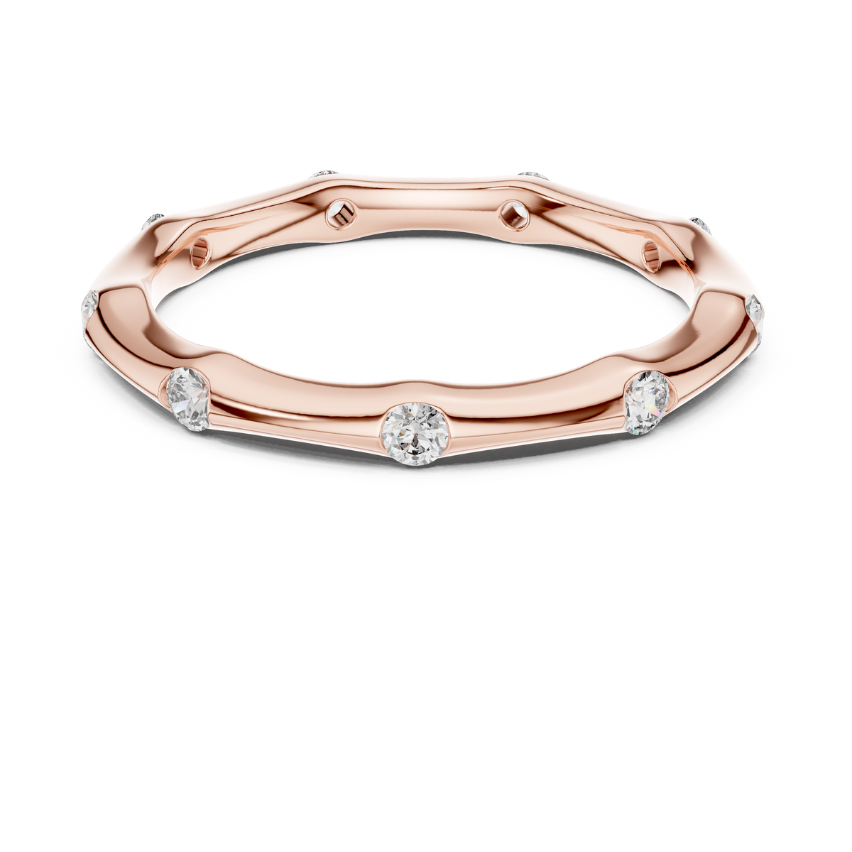 Rose gold round station lab grown diamond wedding band, angled view