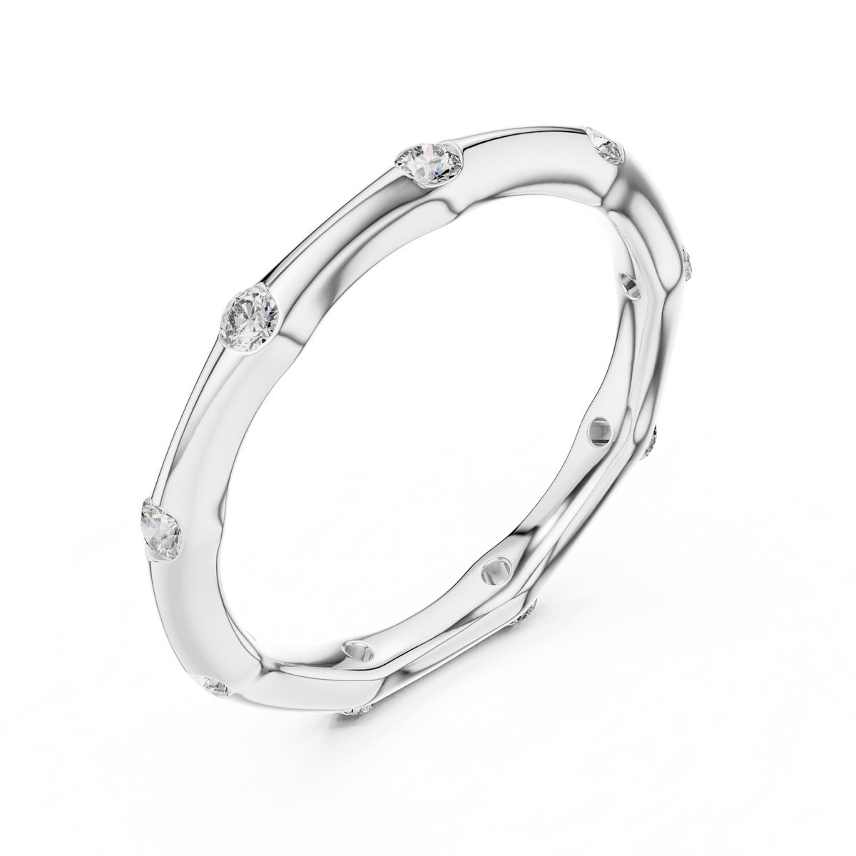 White gold round station lab grown diamond wedding band, side view