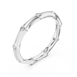 White gold round station lab grown diamond wedding band, side view