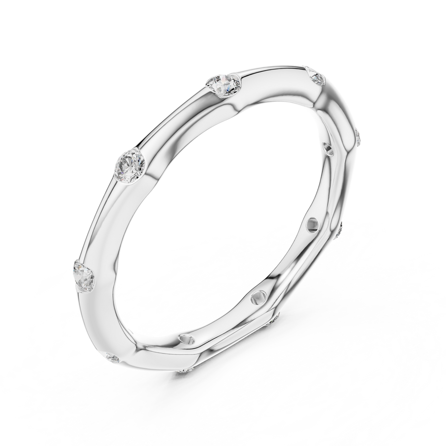 White gold round station lab grown diamond wedding band, side view