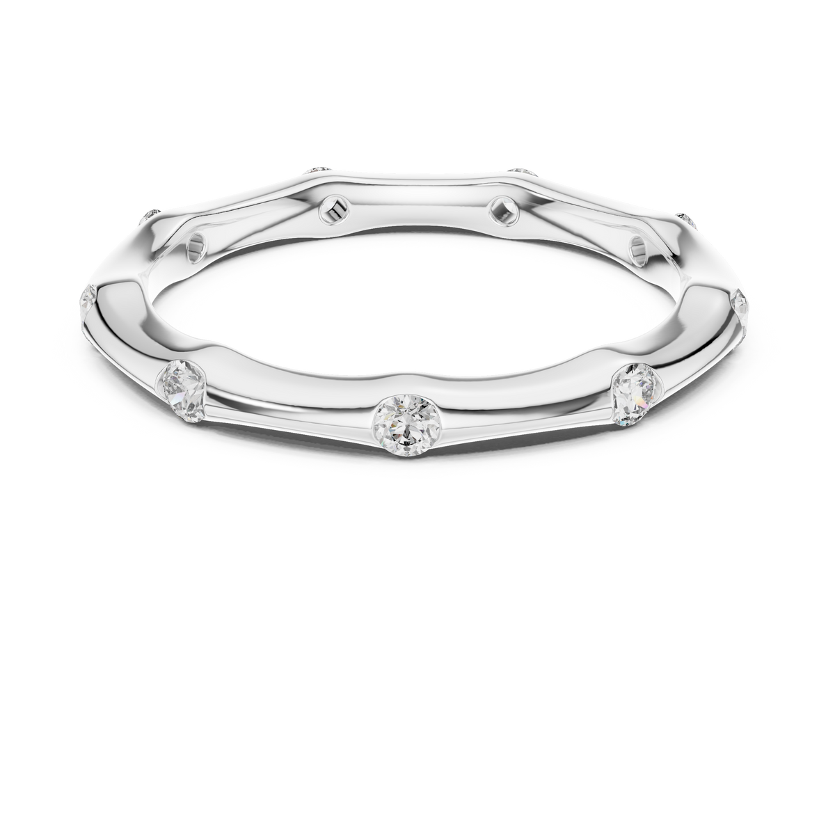 White gold round station lab grown diamond wedding band, angled view