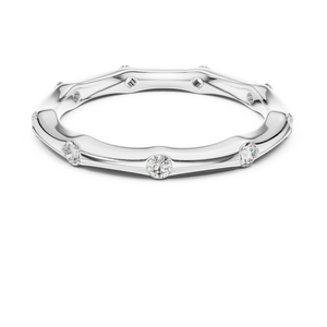 White gold round station lab grown diamond wedding band, angled view