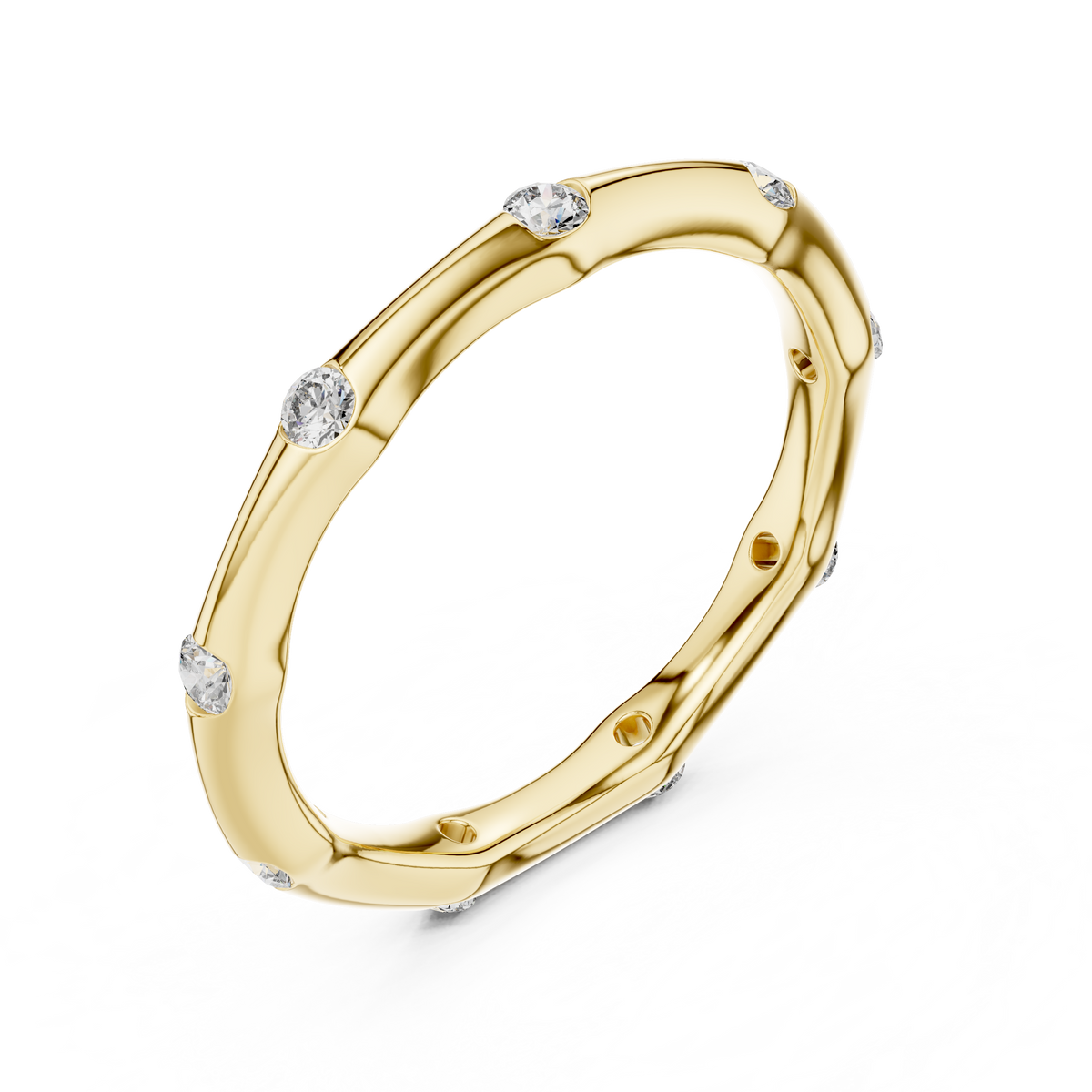 Yellow gold round station lab grown diamond wedding band, side view