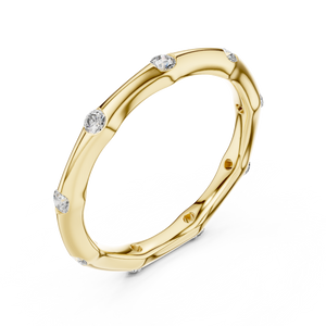 Yellow gold round station lab grown diamond wedding band, side view