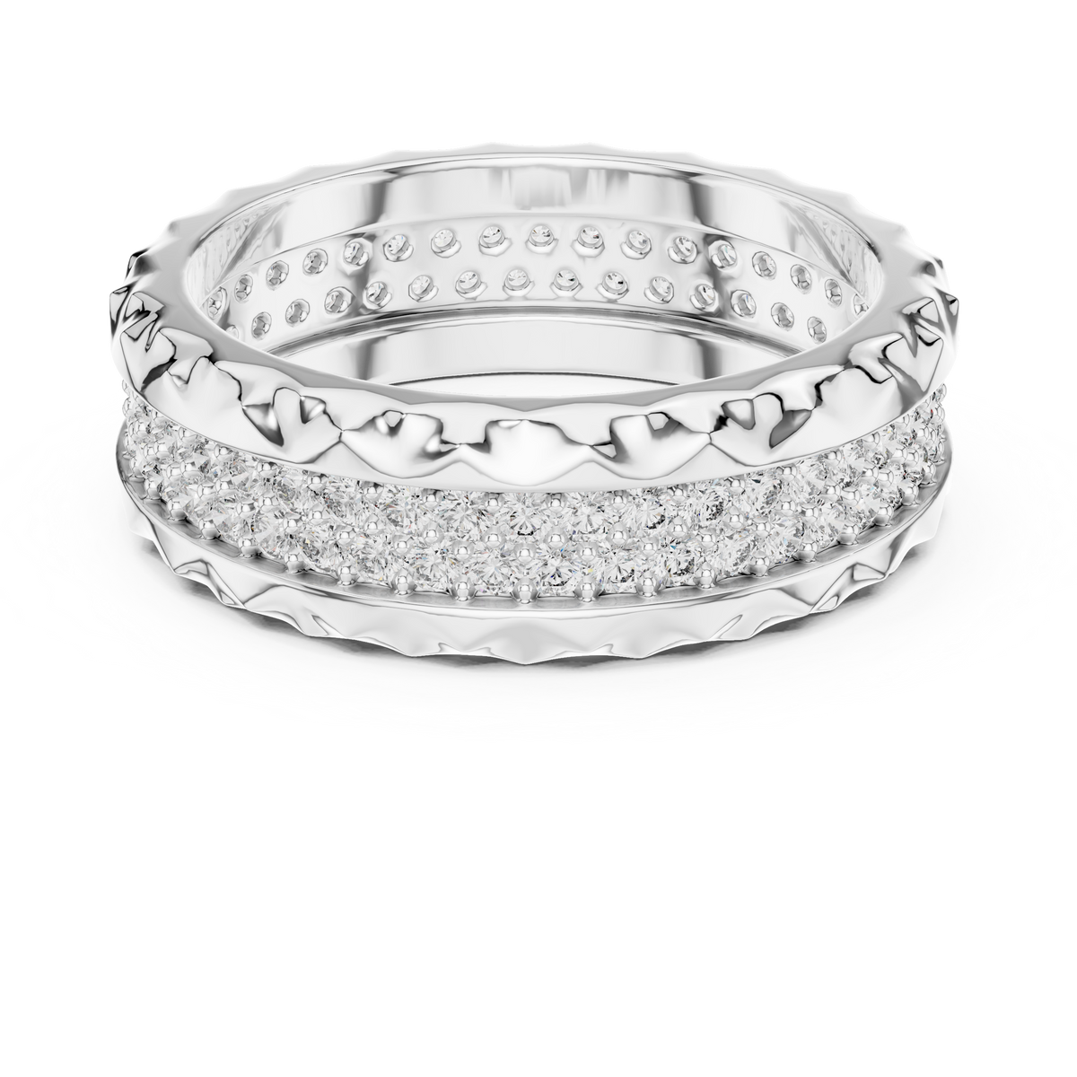 White gold round two-row lab grown diamond eternity band, angled view