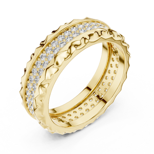 Yellow gold round two-row lab grown diamond eternity band, side view