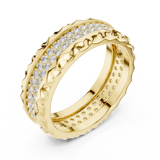 Yellow gold round two-row lab grown diamond eternity band, side view