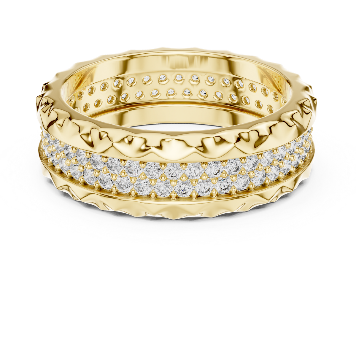 Yellow gold round two-row lab grown diamond eternity band, angled view