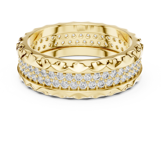 Yellow gold round two-row lab grown diamond eternity band, angled view