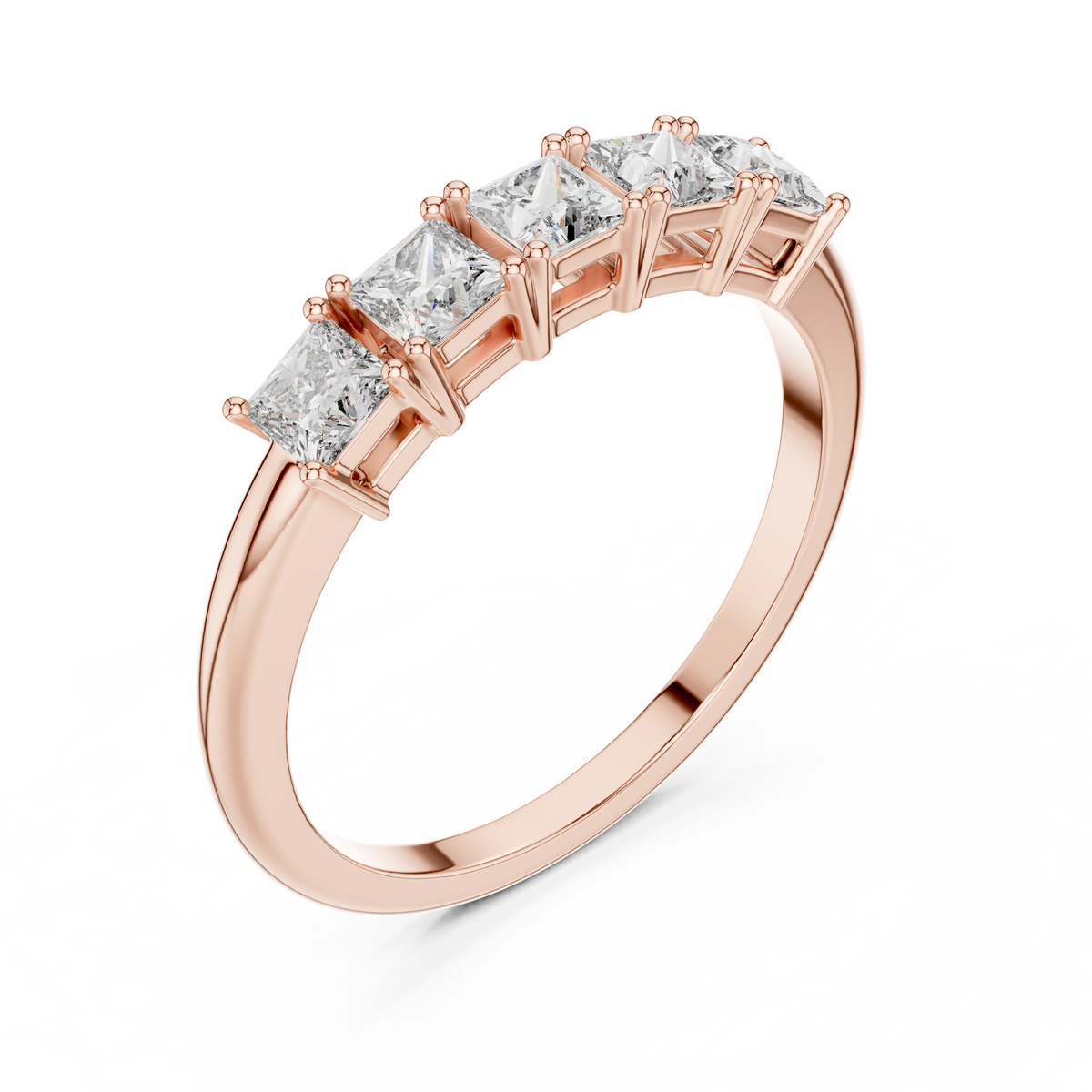Rose gold princess cut five stone lab grown diamond anniversary ring, side view