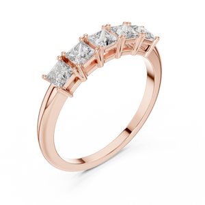 Rose gold princess cut five stone lab grown diamond anniversary ring, side view