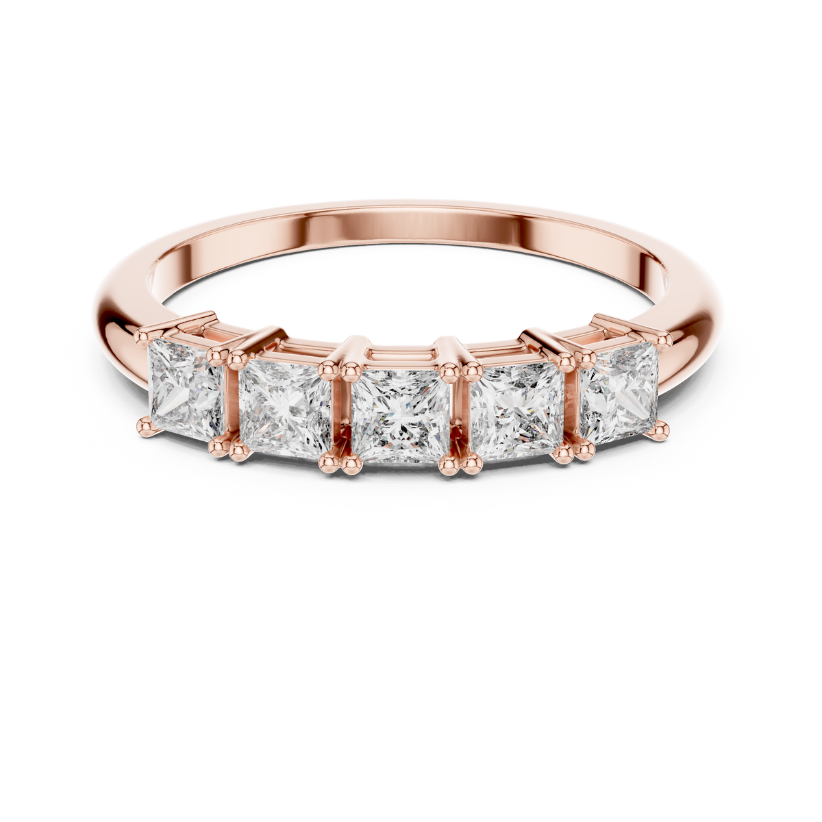 Rose gold princess cut five stone lab grown diamond anniversary ring, angled view
