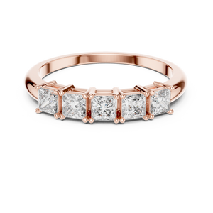 Rose gold princess cut five stone lab grown diamond anniversary ring, angled view